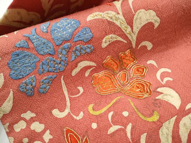 平和屋着物●アンティーク　大正ロマン　九寸名古屋帯　駒刺繍　草花文　金糸　正絹　逸品　CAAZ4281hy