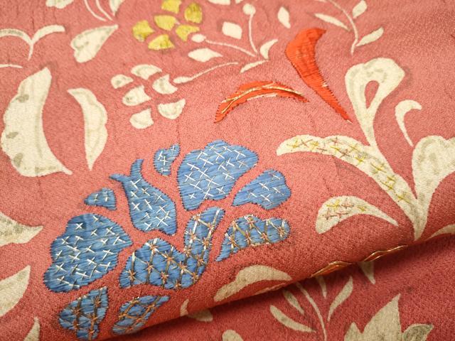 平和屋着物●アンティーク　大正ロマン　九寸名古屋帯　駒刺繍　草花文　金糸　正絹　逸品　CAAZ4281hy