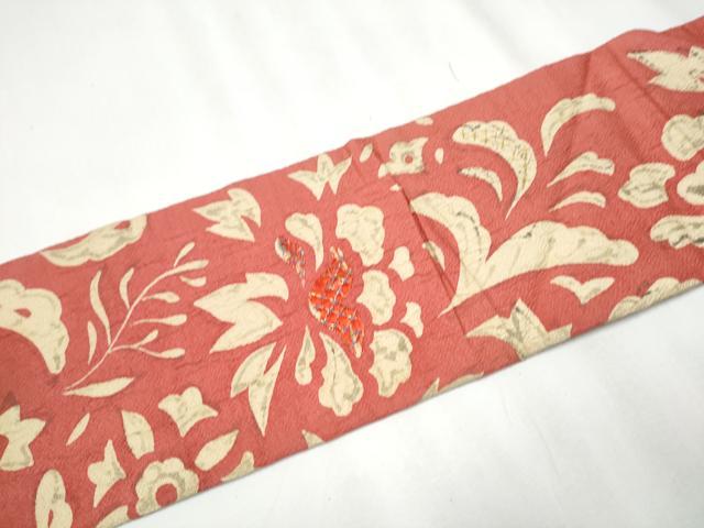平和屋着物●アンティーク　大正ロマン　九寸名古屋帯　駒刺繍　草花文　金糸　正絹　逸品　CAAZ4281hy