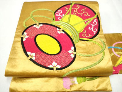 平和屋着物●アンティーク 大正ロマン 中国三大刺繍 相良刺繍 総刺繍 九寸名古屋帯 鼓花文 金銀糸 正絹 逸品 CAAZ4286hy