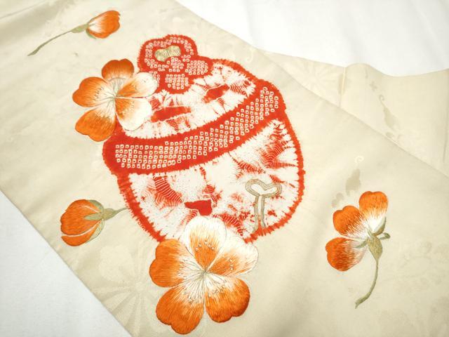 平和屋着物●アンティーク　大正ロマン　九寸名古屋帯　絞り　駒刺繍　鈴　花文　金糸　正絹　逸品　CAAZ4298hy