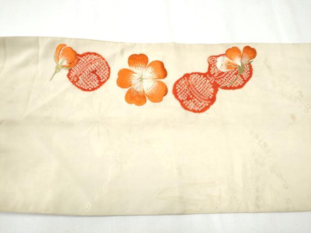 平和屋着物●アンティーク　大正ロマン　九寸名古屋帯　絞り　駒刺繍　鈴　花文　金糸　正絹　逸品　CAAZ4298hy