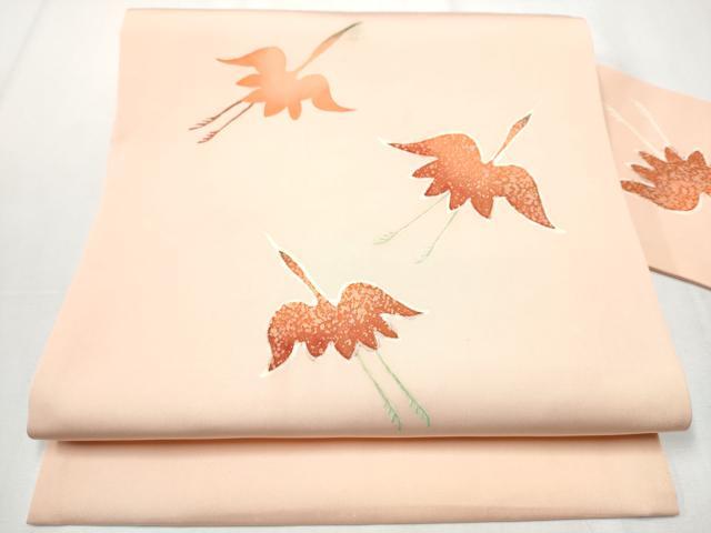 平和屋着物●塩瀬 九寸名古屋帯 ろうけつ染 飛鶴文 正絹 逸品 CAAZ4343hy