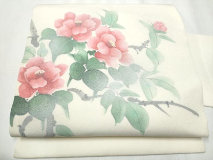 平和屋着物●塩瀬 九寸名古屋帯 手描き 枝花文 銀彩 正絹 逸品 CAAZ4348hy