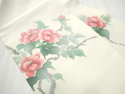 平和屋着物●塩瀬 九寸名古屋帯 手描き 枝花文 銀彩 正絹 逸品 CAAZ4348hy