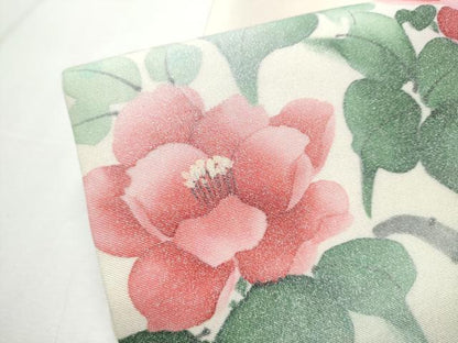 平和屋着物●塩瀬 九寸名古屋帯 手描き 枝花文 銀彩 正絹 逸品 CAAZ4348hy