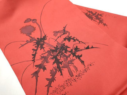 平和屋着物●塩瀬　九寸名古屋帯　作家物　ろうけつ染　タンポポ　正絹　逸品　CAAZ4349hy