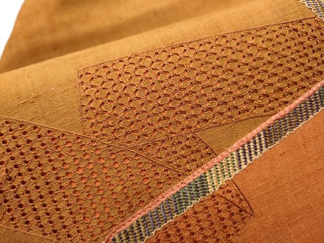 平和屋着物●中国三大刺繍　スワトウ刺繍　総刺繍　九寸名古屋帯　紬地　幾何学文様　正絹　逸品　CAAZ4350hy