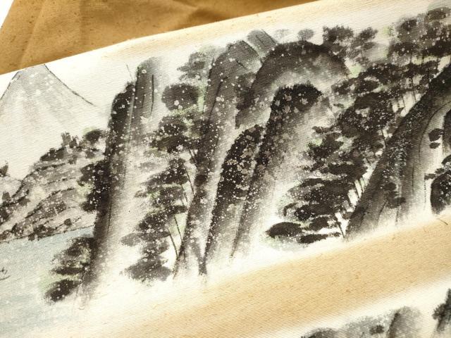 平和屋着物●九寸名古屋帯　手描き　紬地　草木染　東海道五十三次の図　箱根　正絹　逸品　CAAZ4351hy