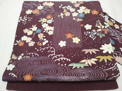 平和屋着物●九寸名古屋帯　型染め　流水草花文　鬼しぼ縮緬　正絹　逸品　CAAZ4361hy