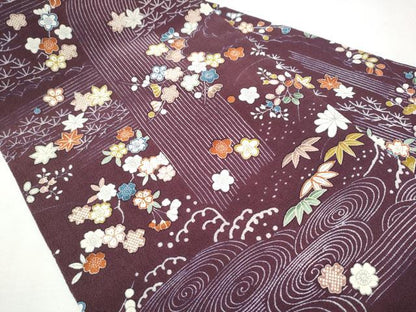 平和屋着物●九寸名古屋帯　型染め　流水草花文　鬼しぼ縮緬　正絹　逸品　CAAZ4361hy