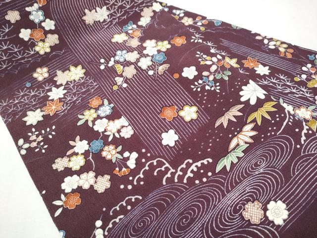 平和屋着物●九寸名古屋帯　型染め　流水草花文　鬼しぼ縮緬　正絹　逸品　CAAZ4361hy
