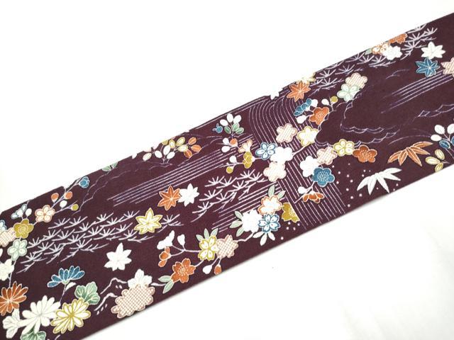 平和屋着物●九寸名古屋帯　型染め　流水草花文　鬼しぼ縮緬　正絹　逸品　CAAZ4361hy