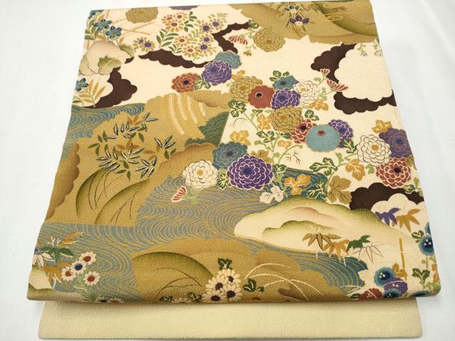 平和屋着物●九寸名古屋帯　草花文　鬼しぼ縮緬　正絹　逸品　CAAZ4389hy