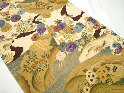 平和屋着物●九寸名古屋帯　草花文　鬼しぼ縮緬　正絹　逸品　CAAZ4389hy