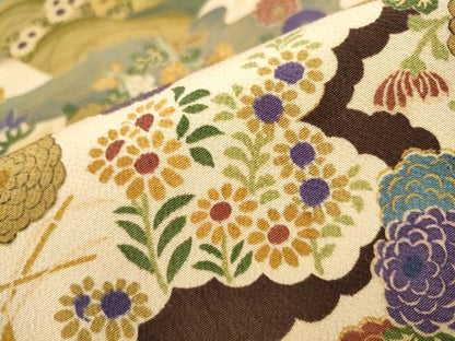 平和屋着物●九寸名古屋帯　草花文　鬼しぼ縮緬　正絹　逸品　CAAZ4389hy