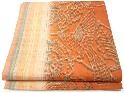 平和屋着物●全通柄袋帯 生紬 花鳥文 正絹 逸品 CAAZ4393hy