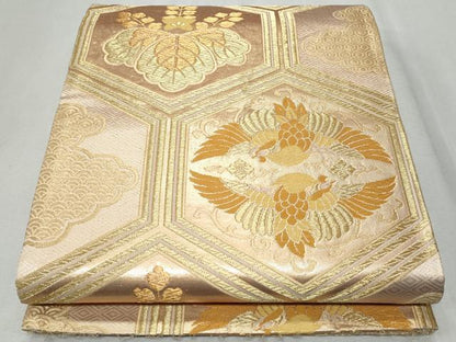 平和屋着物◎六通柄袋帯 唐織 亀甲双鶴桐文 金糸 正絹 逸品 CAAZ4609fb