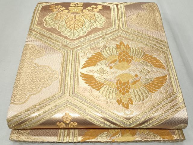 平和屋着物◎六通柄袋帯 唐織 亀甲双鶴桐文 金糸 正絹 逸品 CAAZ4609fb