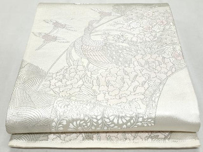 平和屋着物◎六通柄袋帯　地紙重ね孔雀飛鶴花文　銀糸　正絹　逸品　CAAZ4654fb