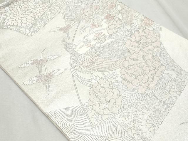 平和屋着物◎六通柄袋帯　地紙重ね孔雀飛鶴花文　銀糸　正絹　逸品　CAAZ4654fb