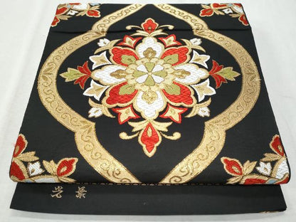 平和屋着物◎六通柄袋帯 唐織 光葉 立涌花文 黒地 金糸 正絹 逸品 CAAZ4670fb