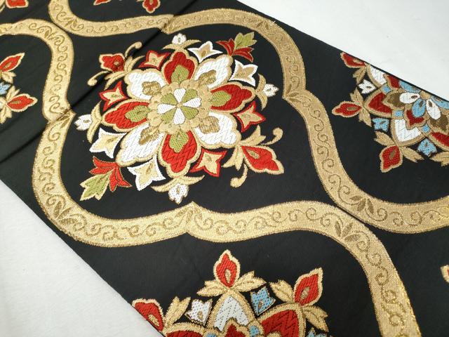 平和屋着物◎六通柄袋帯 唐織 光葉 立涌花文 黒地 金糸 正絹 逸品 CAAZ4670fb