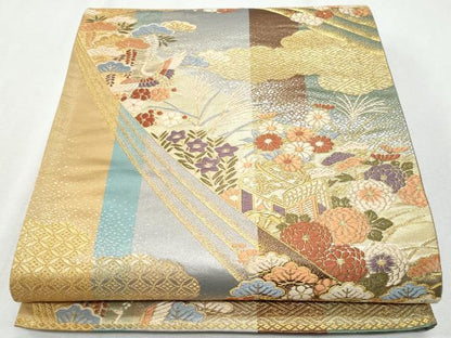 平和屋着物◎六通柄袋帯　唐織　御所車飛鶴花松文　正絹　逸品　CAAZ4887fb