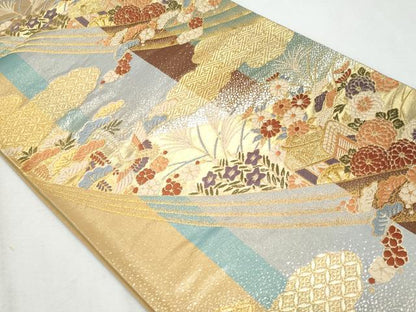 平和屋着物◎六通柄袋帯　唐織　御所車飛鶴花松文　正絹　逸品　CAAZ4887fb