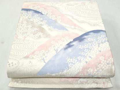 平和屋着物◎六通柄袋帯　流水遠山花文　銀糸　正絹　逸品　CAAZ4960fb