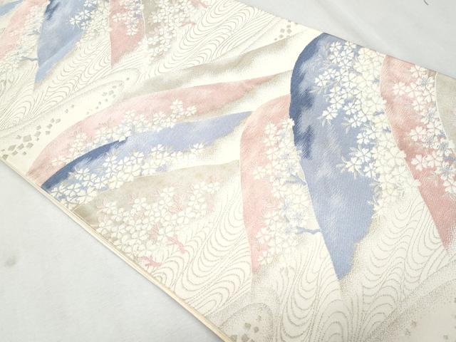 平和屋着物◎六通柄袋帯　流水遠山花文　銀糸　正絹　逸品　CAAZ4960fb