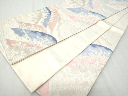 平和屋着物◎六通柄袋帯　流水遠山花文　銀糸　正絹　逸品　CAAZ4960fb