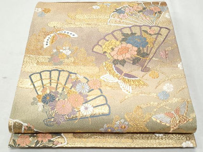 平和屋着物◎北山綴　六通柄袋帯　唐織　エ霞檜扇舞蝶花文　金糸　正絹　逸品　CAAZ4972fb