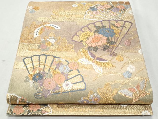 平和屋着物◎北山綴　六通柄袋帯　唐織　エ霞檜扇舞蝶花文　金糸　正絹　逸品　CAAZ4972fb
