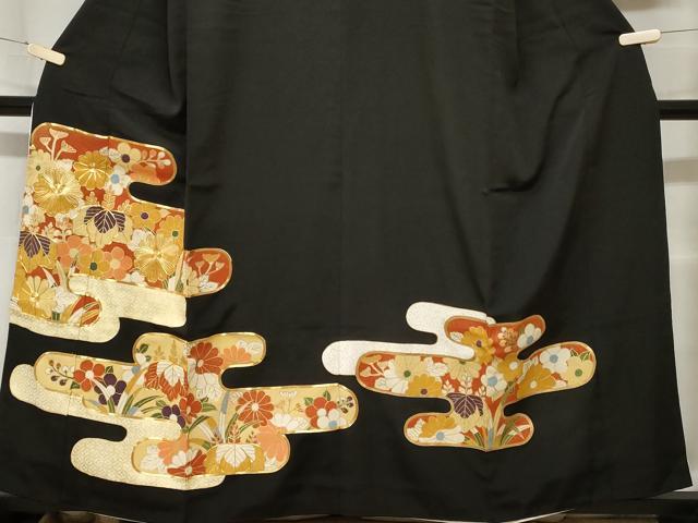 平和屋着物■豪華黒留袖　駒刺繍　エ霞草花文　金彩　正絹　逸品　CAAZ5327ev