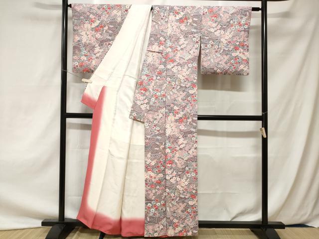 平和屋着物○ぜんまい紬 流水花文 正絹 逸品 AAAY4764ck 平和屋着物□