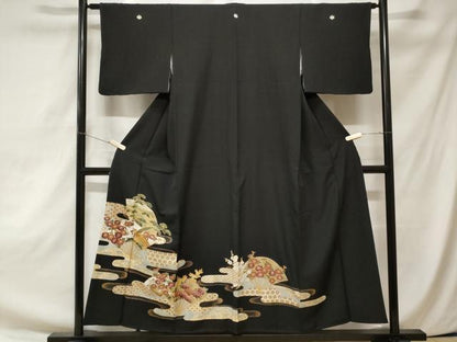 平和屋着物■豪華黒留袖 扇面尾長鶏吉祥花文 金彩 正絹 逸品 CAAZ5614ev