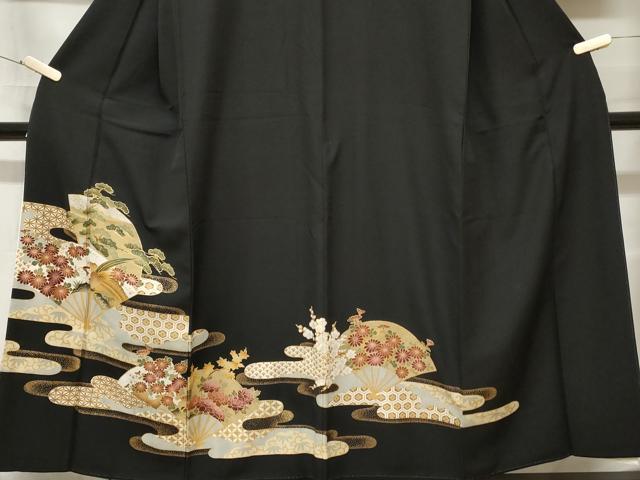 平和屋着物■豪華黒留袖 扇面尾長鶏吉祥花文 金彩 正絹 逸品 CAAZ5614ev