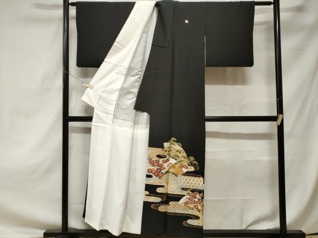 平和屋着物■豪華黒留袖 扇面尾長鶏吉祥花文 金彩 正絹 逸品 CAAZ5614ev