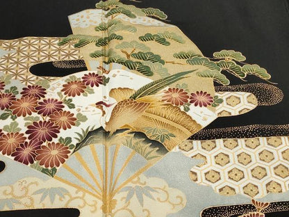 平和屋着物■豪華黒留袖 扇面尾長鶏吉祥花文 金彩 正絹 逸品 CAAZ5614ev