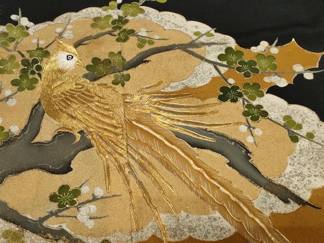 平和屋着物■豪華黒留袖　駒刺繍　尾長鳥枝梅文　金彩　正絹　逸品　CAAZ5783ev