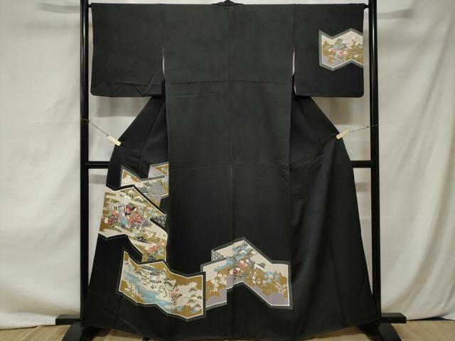 平和屋着物■訪問着　手描き　屏風風景文　十二単　黒地　正絹　逸品　CAAZ5803ev