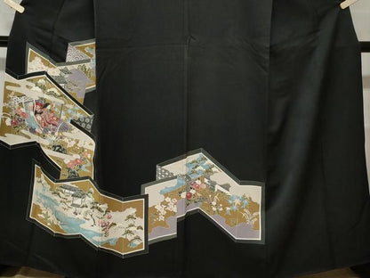 平和屋着物■訪問着　手描き　屏風風景文　十二単　黒地　正絹　逸品　CAAZ5803ev
