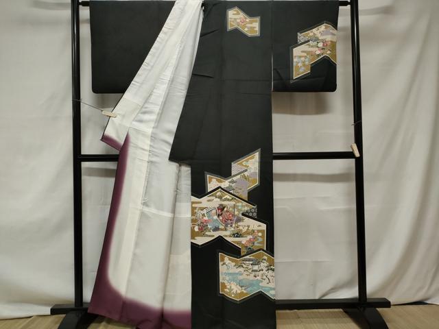 平和屋着物■訪問着　手描き　屏風風景文　十二単　黒地　正絹　逸品　CAAZ5803ev