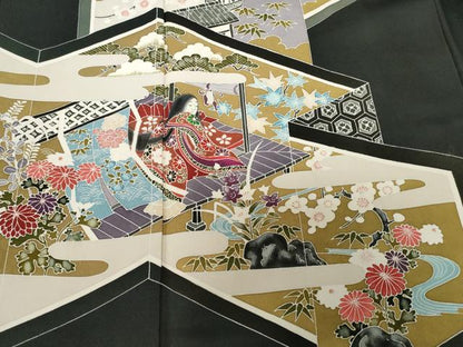 平和屋着物■訪問着　手描き　屏風風景文　十二単　黒地　正絹　逸品　CAAZ5803ev