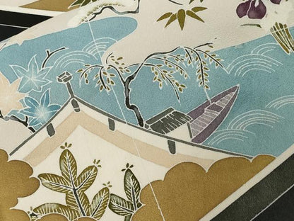 平和屋着物■訪問着　手描き　屏風風景文　十二単　黒地　正絹　逸品　CAAZ5803ev