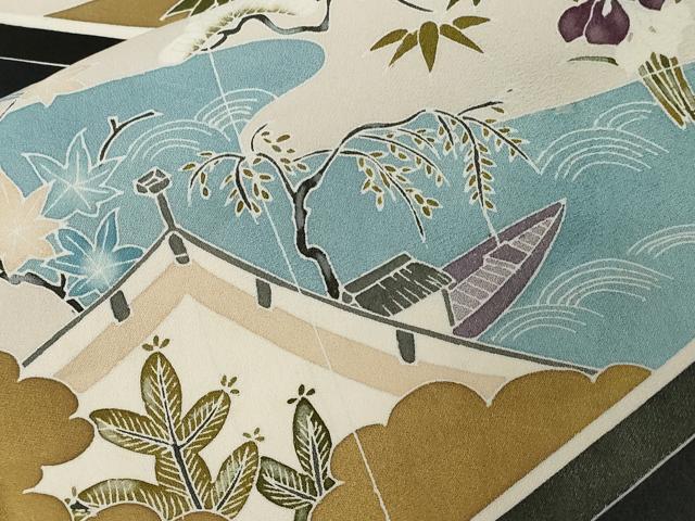 平和屋着物■訪問着　手描き　屏風風景文　十二単　黒地　正絹　逸品　CAAZ5803ev