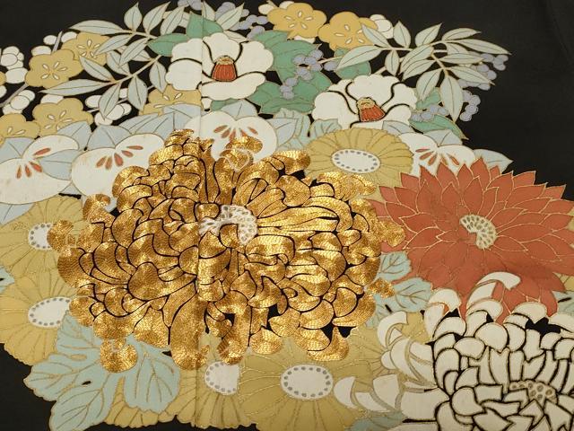 平和屋着物■豪華黒留袖　駒刺繍　椿　乱菊　正絹　逸品　CAAZ5838ev