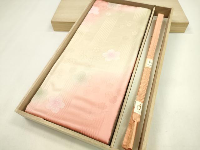 平和屋着物●和装小物 帯締め・帯揚げセット 舞桜文 暈し染め 笹浪組 曙色 逸品 未使用 CAAZ6086ju