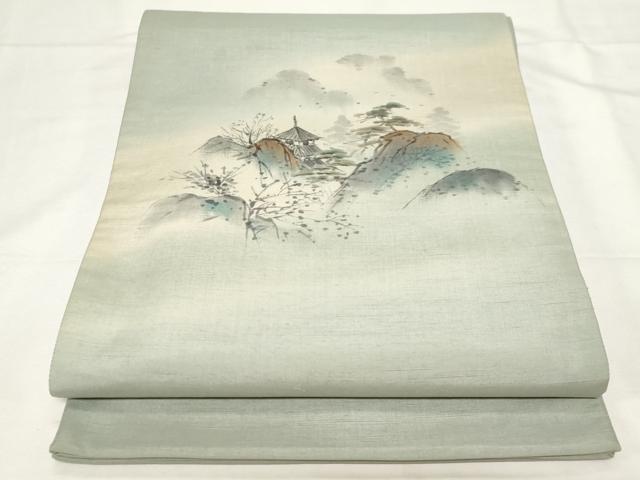 平和屋着物●太鼓柄袋帯 作家物 手描き 紬地 風景文 正絹 逸品 CAAZ6425dy